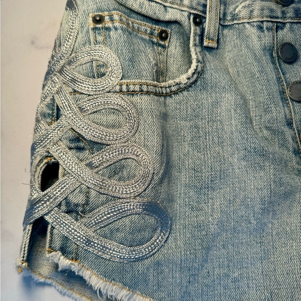 NEW WITH TAGS Carmar Cordelia Denim Shorts, Embellished Side Panels, Size 27 - Picture 5 of 6